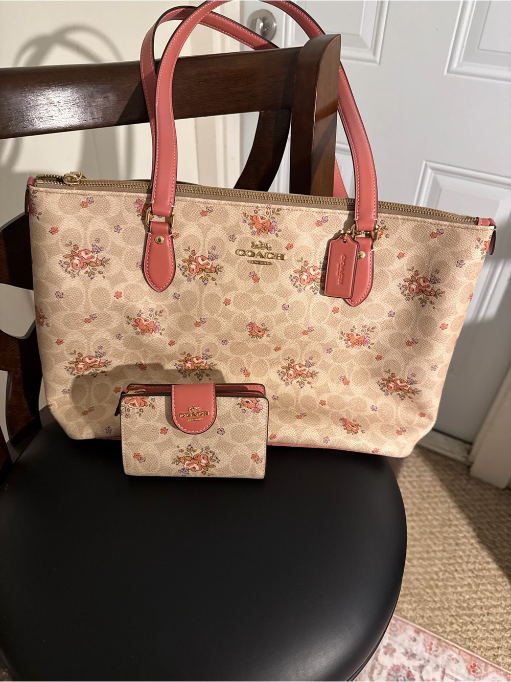 Coach Floral Signature Tote with Pink Trim